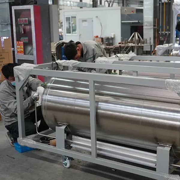 Cryogenic dewar carefully packed with protective materials for safe transport