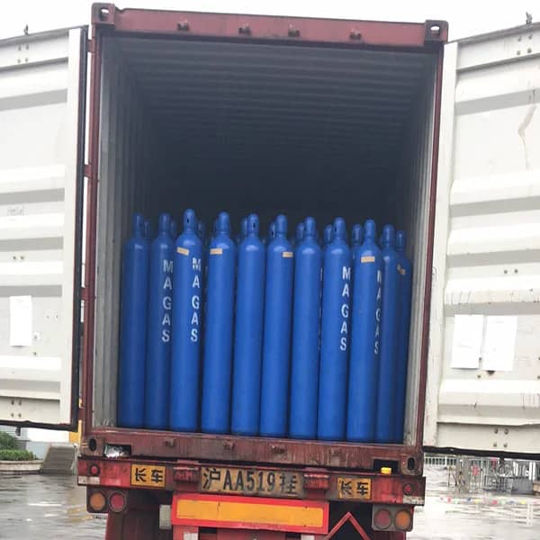 industrial gas bottle with protective valve cap, ready for transport