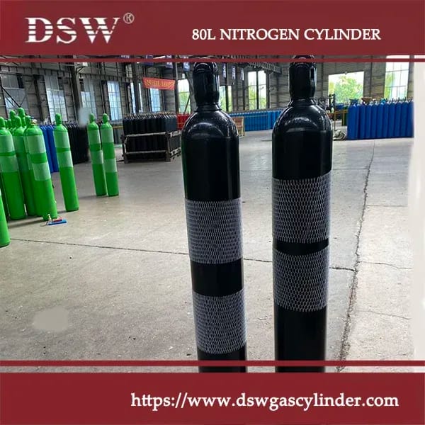 High-pressure nitrogen gas cylinders used for industrial, laboratory, and medical applications.