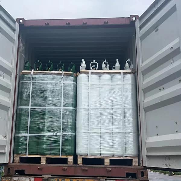 palletized stack of industrial gas cylinders