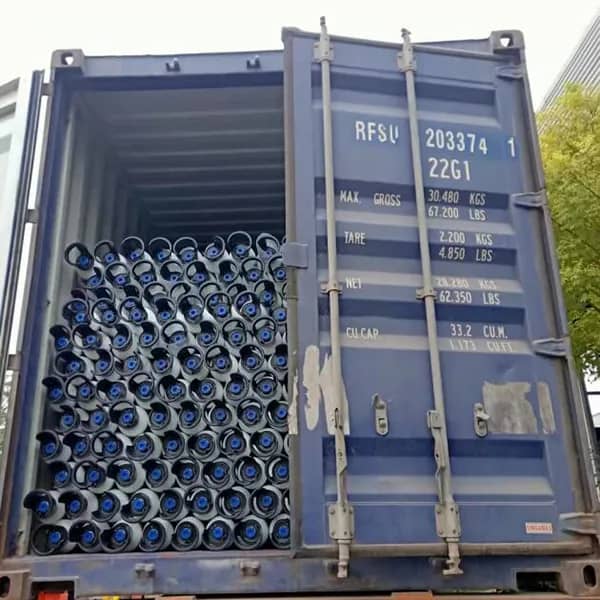 Industrial gas cylinders securely packed for safe transport.