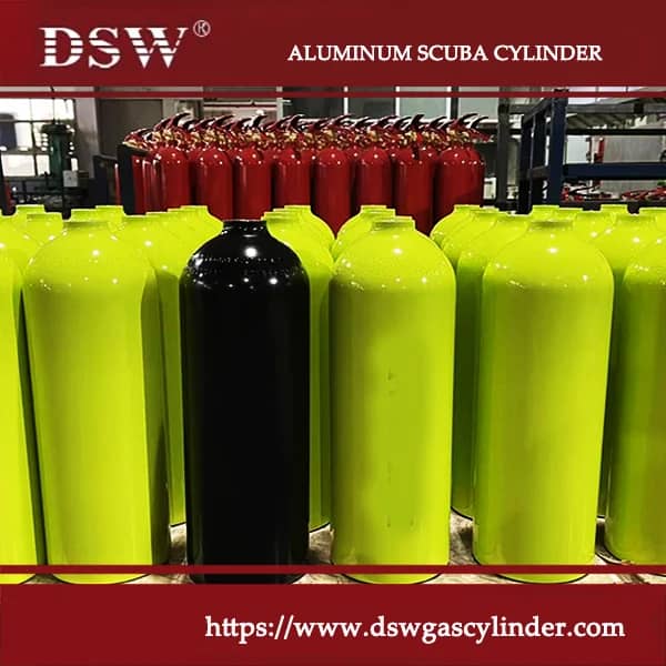 Lightweight aluminum scuba tank for diving, corrosion-resistant and suitable for recreational or professional underwater use.