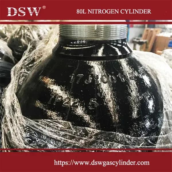 DSW logo and compliant safety label on nitrogen cylinder.