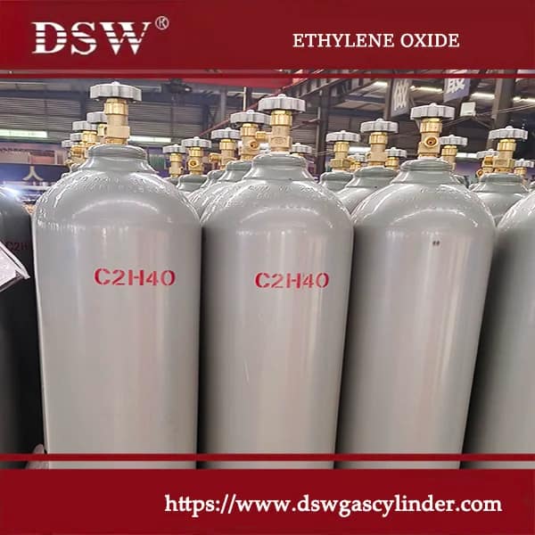 Packed ethylene oxide gas cylinders prepared for safe transport and industrial use