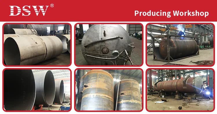 20M3 Cryogenic Storage Tank 4 Manufacturing process of a cryogenic storage tank showing assembly, welding, and insulation stages