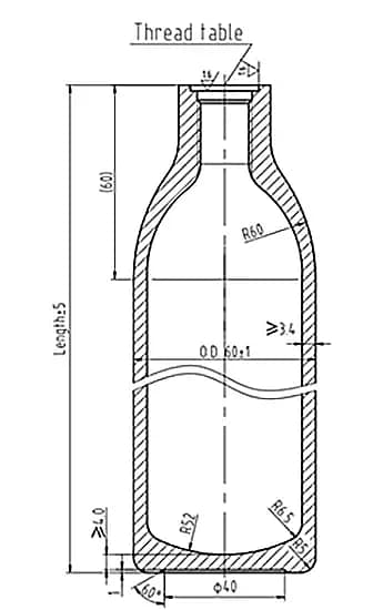 sodastream-cylinder-size CAD drawing showing dimensions of a SodaStream compatible CO2 cylinder including height, diameter, thread size, and wall thickness