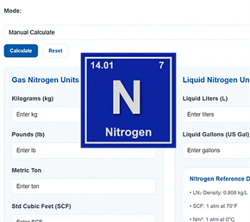 Liquid Nitrogen Conversion Calculator & Reference Guide 1 Nitrogen conversion calculator for kg, lb, SCF, Nm³, liters and gallons in industrial gas applications