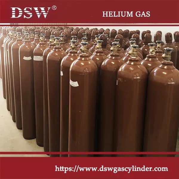 Helium gas cylinders stored safely in an industrial warehouse facility
