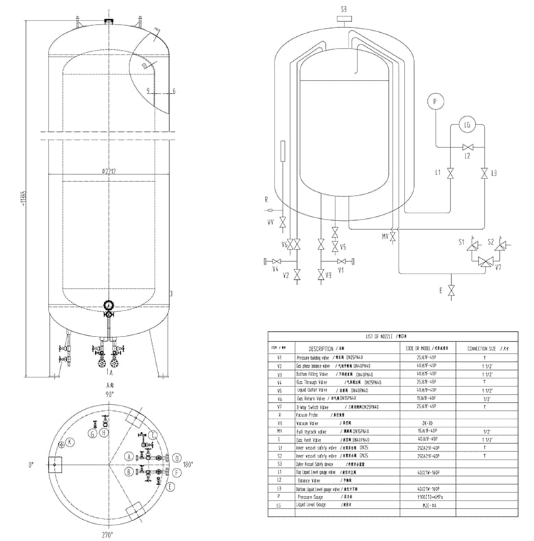20M3 Cryogenic Storage Tank 5 Technical drawing of a 20m³ ASME-certified cryogenic storage tank