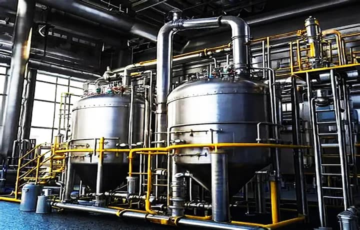 Ethylene C2H4 Gas 5 Ethylene gas cylinder connected to polyethylene production equipment in a manufacturing plant.