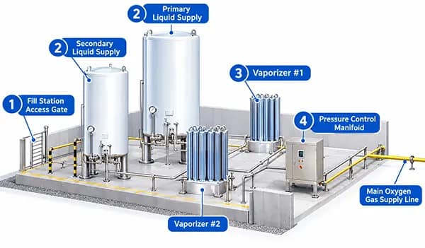 Applications of Liquid Medical Oxygen in Healthcare 2 Liquid medical oxygen outdoor supply system with LOX storage tank and vaporizer